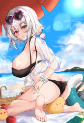 Rule 34 | 1girl, apple, ass, azur lane, barefoot, beach, beach towel, beach umbrella, bikini, black bikini, blue sky, breasts, butt crack, eyewear on head, food, from side, fruit, hair ornament, hairclip, highres, large breasts, light blush, looking at viewer, manjuu (azur lane), match (scp115), ocean, official alternate costume, on floor, open mouth, parted lips, red eyes, short hair, sideboob, sirius (azur lane), sirius (scorching-hot seirios) (azur lane), sky, soles, solo, sunglasses, swimsuit, thighs, towel, umbrella, water, white hair