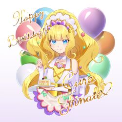 Rule 34 | 1girl, :&gt;, aboreen, absurdres, apron, balloon, blonde hair, blue eyes, bow, brooch, cake, candy, character name, choker, closed mouth, cropped legs, cure finale, delicious party precure, food, food-themed hair ornament, fork, fruit, gradient background, green bow, hair ornament, happy birthday, heart, heart brooch, highres, holding, holding fork, holding plate, jewelry, kasai amane, kiwi (fruit), kiwi slice, konpeitou, long hair, looking at viewer, magical girl, pink bow, plate, precure, purple background, shortcake, smile, solo, strawberry, tiara, white background, white choker, wide ponytail