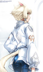 Rule 34 | 10s, 1girl, animal ears, artist name, blonde hair, dated, final fantasy, final fantasy xiv, green eyes, looking back, miqo&#039;te, pantylines, short hair, simple background, solo, tail, white background, y&#039;shtola rhul, you haruka