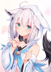Rule 34 | 1girl, absurdres, ahoge, animal ear fluff, animal ears, animal hood, bare shoulders, blue eyes, blue neckwear, blue ribbon, braid, clenched hand, collarbone, commentary request, detached sleeves, earrings, eyes visible through hair, fake animal ears, finger to cheek, flat chest, fox ears, fox girl, fox shadow puppet, fox tail, heart, heart-shaped pupils, highres, hololive, hood, hood up, jewelry, long sleeves, looking at viewer, medium hair, pentagram, ribbon, school uniform, serafuku, shirakami fubuki, shirakami fubuki (1st costume), simple background, smile, solo, sukemyon, symbol-shaped pupils, tail, upper body, virtual youtuber, white background, white hair