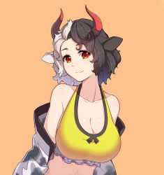 Rule 34 | 1girl, animal ears, bare shoulders, black hair, bra, breasts, cat-quest-sun, cleavage, closed mouth, collarbone, cow ears, frills, grey hair, halterneck, highres, horns, jacket, large breasts, looking at viewer, multicolored hair, off shoulder, orange background, red eyes, short hair, simple background, smile, solo, split-color hair, stomach, touhou, two-tone hair, underwear, upper body, ushizaki urumi