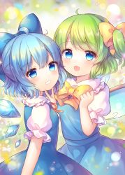 Rule 34 | 2girls, blue bow, blue dress, blue eyes, blue hair, blue skirt, blue vest, blush, bow, cirno, coa (chroo x), daiyousei, dress, fairy, fairy wings, frilled shirt collar, frills, green hair, grin, hair between eyes, hair bow, ice, ice wings, long hair, looking at viewer, multiple girls, open mouth, puffy short sleeves, puffy sleeves, shirt, short hair, short sleeves, side ponytail, skirt, smile, touhou, v, vest, white shirt, wings