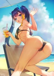 Rule 34 | 1girl, absurdres, arpeggio kaga, ass, bad id, bad twitter id, bare arms, bare shoulders, beach, bikini, black bikini, blue eyes, blue hair, breasts, chair, cup, day, displayer, disposable cup, feet out of frame, folding chair, from behind, hands up, highres, holding, horns, kneepits, long hair, looking at viewer, looking back, medium breasts, multicolored hair, open mouth, outdoors, rinka raizenbain, solo, sunlight, swimsuit, thighs, twintails, twisted torso, two-tone hair, virtual youtuber