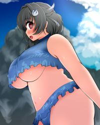 Rule 34 | 1girl, bikini, black hair, blue bikini, blue sky, braid, breasts, cloud, commentary request, frilled bikini, frills, hair flaps, hair ornament, hair over shoulder, hairclip, jingei (kancolle), jini ya1, kantai collection, large breasts, long hair, looking at viewer, profile, red eyes, rock, single braid, sky, solo, swimsuit, underboob