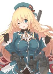 Rule 34 | 10s, 1girl, atago (kancolle), beret, black gloves, blonde hair, blue dress, blue eyes, blush, dress, frilled sleeves, frills, gloves, hat, highres, kagerou (shadowmage), kantai collection, long hair, looking at viewer, machinery, military, military uniform, one eye closed, smile, solo, turret, uniform, white background