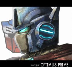 Rule 34 | autobot, blue eyes, english text, glowing, glowing eyes, letterboxed, mecha, moyaro, no humans, optimus prime, profile, robot, solo, transformers, white background