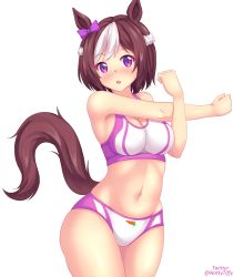 Rule 34 | 1girl, :o, animal ears, bare shoulders, blush, bow, breasts, brown hair, buruma, carrot print, cleavage, food print, hair bow, highres, hip focus, horse ears, horse girl, horse tail, looking at viewer, medium breasts, multicolored hair, navel, nottytiffy, open mouth, purple eyes, short hair, simple background, solo, special week (umamusume), sports bra, stomach, stretching, tail, two-tone hair, umamusume, white background, white hair