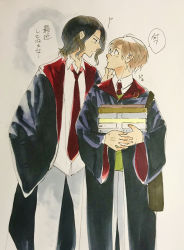 Rule 34 | ..., 2boys, ?, black hair, black robe, book, book stack, brown hair, collar, earrings, hand on another&#039;s chin, hand on another&#039;s face, harry potter (series), highres, hogwarts school uniform, japanese text, jewelry, looking at another, male focus, medium hair, multiple boys, necktie, profile, red necktie, remus lupin, robe, scar, scar on face, scar on nose, school uniform, short hair, simple background, sirius black, speech bubble, standing, uniform, wing collar, wizarding world, yaoi