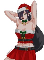 Rule 34 | 1girl, armpits, arms behind head, arms up, artist name, bell, belt, breasts, chainsaw man, christmas, cleavage, crop top, detached collar, fur-trimmed crop top, green eyes, green ribbon, hair bun, hair over one eye, hat, highres, holding, holding sack, looking at viewer, medium breasts, medium hair, midriff, pochita (chainsaw man), purple hair, red skirt, reze (chainsaw man), ribbon, sack, santa hat, shirt, signature, simple background, single hair bun, skirt, solo, stargazypie u, strapless, strapless shirt, tongue, tongue out, white background