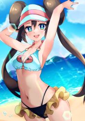 Rule 34 | 1girl, :d, adapted costume, armpits, arms up, bikini, blue eyes, blush, breasts, bright pupils, cleavage, cloud, collarbone, commentary request, creatures (company), day, double bun, eyelashes, game freak, hair between eyes, hair bun, highres, lens flare, long hair, looking at viewer, midriff, miyama (yakinikusushi the royal), navel, nintendo, open mouth, outdoors, pokemon, pokemon bw2, rosa (pokemon), sand, shiny skin, shore, sky, smile, solo, sparkle, swimsuit, teeth, tongue, twintails, upper teeth only, water, water drop, white pupils