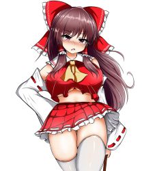Rule 34 | 1girl, ascot, blush, bow, breasts, brown hair, crop top, detached sleeves, gluteal fold, hair bow, hair tubes, hakurei reimu, highres, isshin (sasayamakids), large breasts, long hair, looking at viewer, miniskirt, no bra, pink eyes, red bow, red skirt, ribbon-trimmed sleeves, ribbon trim, simple background, skirt, skirt set, solo, standing, tears, thigh gap, thighhighs, touhou, underboob, white background, white thighhighs, yellow ascot