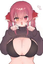 Rule 34 | 1girl, :d, absurdres, artist name, black bra, blush, bow, bra, breasts, collared shirt, commentary request, curvy, furrowed brow, hair between eyes, hand in own hair, hands up, heart, heart-shaped pupils, heterochromia, highres, hololive, houshou marine, large breasts, long sleeves, looking at viewer, meiwowowo, messy hair, midriff, navel, open mouth, paw pose, red bow, red eyes, red hair, shirt, short twintails, sidelocks, simple background, smile, solo, sweat, sweater, nervous sweating, symbol-shaped pupils, translucent hair, turtleneck, turtleneck sweater, twintails, twitter username, underwear, undressing, upper body, virtual youtuber, white background, yellow eyes
