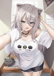 Rule 34 | 1girl, 1other, absurdres, animal ear piercing, animal ears, black shorts, breasts, calendar (object), cat ears, cleavage, commentary request, fisheye, foreshortening, grey eyes, grey hair, hand up, highres, hololive, indoors, large breasts, long hair, open mouth, saliva, shelf, shirt, shishiro botan, shishiro botan (casual), shorts, sick, ssrb (shishiro botan), t-shirt, thermometer, virtual youtuber, welcome mat, white shirt, yoppy paint