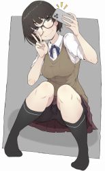 Rule 34 | 1girl, black socks, bob cut, breasts, brown eyes, brown hair, cardigan, cellphone, collared shirt, eyebrows, full body, glasses, highres, holding, holding phone, ina (gokihoihoi), kneehighs, large breasts, looking at viewer, original, phone, red skirt, shirt, short hair, short shorts, short sleeves, shorts, skirt, socks, solo, squatting, v, white shirt