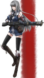 Rule 34 | 00s, 1girl, bad id, bad pixiv id, bare shoulders, boots, breasts, detached sleeves, female focus, full body, gloves, gun, highres, large breasts, long hair, military, military uniform, prime, red eyes, rifle, selvaria bles, senjou no valkyria, senjou no valkyria (series), senjou no valkyria 1, senjou no valkyria 2, silver hair, simple background, solo, thighhighs, uniform, weapon, zettai ryouiki