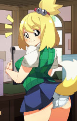 Rule 34 | 1girl, ass, blazer, blonde hair, blush, blush stickers, clipboard, dog tail, animal crossing, highres, jacket, looking at viewer, looking back, nintendo, nisego, panties, pantyshot, personification, isabelle (animal crossing), skirt, smile, solo, standing, tail, topknot, underwear, white panties
