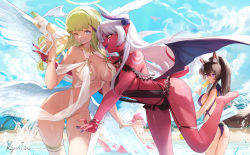Rule 34 | 6+girls, angel and devil, animal ear fluff, animal ears, ass, bare arms, bare legs, bare shoulders, barefoot, bikini, black bikini, black horns, bracelet, breasts, breasts apart, bulge, commentary, demon girl, demon horns, demon tail, demon wings, english commentary, feet, futa with female, futanari, gluteal fold, halo, head wings, high ponytail, horns, jewelry, kisero (kyuri tizu), kyuri tizu, looking at another, monster girl, multiple girls, nail polish, navel, one-piece swimsuit, one eye closed, open mouth, original, pointy ears, purple nails, revision, smile, swimsuit, syrene (kyuri tizu), tail, water, wet, white bikini, wings