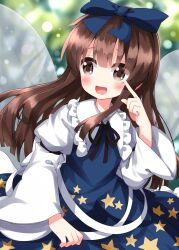 Rule 34 | 1girl, blue bow, blue dress, blush, bow, brown eyes, brown hair, collar, collared dress, dress, fairy, fairy wings, frilled collar, frills, hair bow, highres, long hair, long sleeves, open mouth, ruu (tksymkw), sidelocks, smile, solo, star (symbol), star print, star sapphire, touhou, wide sleeves, wings