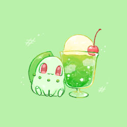Rule 34 | :3, animal focus, cherry, chibi, chikorita, closed mouth, creatures (company), cup, drinking glass, food, food focus, fruit, full body, game freak, gen 2 pokemon, green background, green theme, happy, ice, ice cream, ice cream float, ice cube, kinakomochi (monsteromochi), looking at viewer, nintendo, no humans, pokemon, pokemon (creature), red eyes, simple background, sitting, smile, solo, star (symbol)