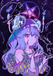 Rule 34 | 1girl, animal skull, bare shoulders, bird, blue fire, blunt bangs, candle, closed mouth, crow, curled horns, dated, dirty, dirty face, feathers, fire, hands up, highres, horns, kiato, long hair, original, pentagram, pink eyes, purple background, purple hair, purple shirt, shirt, signature, solo, upper body