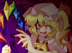 Rule 34 | 1girl, bad id, bad pixiv id, blonde hair, clenched hand, clenched hands, crazy, fang, female focus, flandre scarlet, glowing, glowing eyes, hanjuku tomato, hat, red eyes, solo, touhou, wings