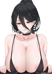 Rule 34 | 1girl, absurdres, amai-pai, areola slip, bare shoulders, bikini, black bikini, black choker, black hair, blue archive, breasts, choker, cleavage, closed mouth, collarbone, hasumi (blue archive), highres, huge breasts, long hair, mole, mole under eye, red eyes, simple background, solo, sweat, swimsuit, upper body, very long hair, white background