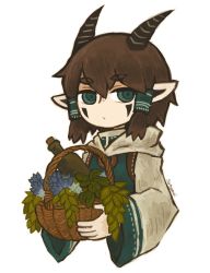 Rule 34 | 1girl, basket, blue eyes, bottle, brown hair, cloak, expressionless, eyebrows, facepaint, flower, hair tubes, holding, horns, leaf, looking at viewer, looking to the side, original, pointy ears, satsumai, short hair, simple background, solo, upper body, white background