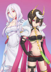 Rule 34 | 2girls, ariel (kumo desu ga nani ka?), black hair, black shorts, breasts, cape, cleavage, collarbone, demon girl, dress, earrings, extra pupils, fang, female focus, frown, fur-trimmed cape, fur trim, gradient background, grandmother and granddaughter, hair between eyes, hair over shoulder, hand on own hip, highres, horns, jewelry, kumo desu ga nani ka?, kumoko (kumo desu ga nani ka?), long hair, medium breasts, multicolored hair, multiple girls, navel, pointy ears, purple background, purple cape, purple eyes, shiraori, short shorts, shorts, small breasts, smile, streaked hair, thigh strap, two-tone hair, white dress, white hair, yuki7128