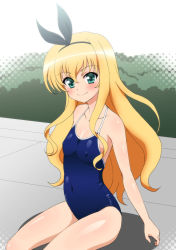 Rule 34 | 1girl, bare shoulders, blonde hair, blush, breasts, covered erect nipples, elf k, green eyes, isurugi mio, long hair, looking at viewer, mm!, one-piece swimsuit, school swimsuit, shiny skin, sitting, small breasts, smile, solo, swimsuit
