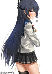 Rule 34 | 1girl, asymmetrical legwear, black hair, black skirt, black thighhighs, blue sailor collar, commentary request, cowboy shot, crossed arms, from behind, gloves, hair ribbon, highres, isokaze (kancolle), kantai collection, long hair, long sleeves, looking at viewer, one-hour drawing challenge, pleated skirt, red eyes, ribbon, sailor collar, school uniform, serafuku, simple background, single thighhigh, skirt, solo, thighhighs, tress ribbon, twitter username, uneven legwear, white background, white gloves, zombie mogura