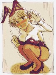 Rule 34 | 1girl, absurdres, animal ears, blush, brave witches, breasts, cleavage, embarrassed, fake animal ears, fake tail, fishnet pantyhose, fishnets, high heels, highres, large breasts, leotard, looking at viewer, monochrome, nikka edvardine katajainen, open mouth, pantyhose, playboy bunny, rabbit ears, rabbit tail, short hair, solo, tail, tama kitsune, world witches series