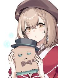 Rule 34 | 1girl, :o, beret, blush, bow, bowtie, braid, brown eyes, brown hair, earrings, embroidery, floral print, friend (nanashi mumei), gloves, hair between eyes, hat, hololive, hololive english, japanese clothes, jewelry, kimono, lace, lace gloves, looking at viewer, mini hat, mini top hat, multicolored hair, musical note, nanashi mumei, nanashi mumei (new year), official alternate costume, print kimono, red shawl, shawl, short hair, single earring, solo, streaked hair, top hat, virtual youtuber, white background, white kimono, wide sleeves, yogurt dahi