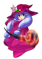 Rule 34 | 1girl, :o, blue eyes, dress, fire, full body, hat, jewelry, long hair, low-tied long hair, magic, monster maker, open mouth, purple hair, rufia (monster maker), simple background, solo, twintails, wand, white background, witch, witch hat, yakibuta (shimapow)
