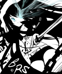 Rule 34 | 10s, 1girl, black hair, black rock shooter, black rock shooter (character), blue eyes, date hajime, dated, hatsune miku, midriff, monochrome, navel, solo, spot color, sword, twintails, vocaloid, weapon