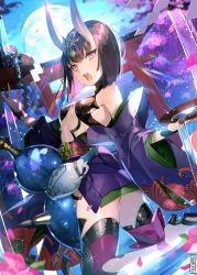 Rule 34 | 1girl, alcohol, ankle ribbon, arched back, ass, bare shoulders, black footwear, blurry, blurry foreground, bob cut, breasts, bubble, cherry blossoms, colored skin, commentary, cup, dutch angle, eyeshadow, falling petals, fangs, fate/grand order, fate (series), food, from behind, fruit, full moon, gem, gourd, grapes, hair between eyes, headpiece, highres, holding, holding cup, horns, japanese clothes, kimono, kneeling, leg ribbon, light rays, long sleeves, looking at viewer, looking back, makeup, moon, moonlight, namyo, night, night sky, oni, open clothes, open kimono, open mouth, peach, petals, pink eyes, pink ribbon, pouring, print sleeves, purple hair, purple kimono, revealing clothes, ribbon, sakazuki, sake, shide, short hair, shuten douji (fate), signature, skin-covered horns, sky, slit pupils, small breasts, solo, torii, tree, turtleneck, water, water drop, white skin, wide sleeves