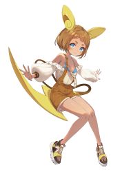 Rule 34 | 1girl, alolan form, alolan raichu, animal ears, bad id, bad pixiv id, bikini, bikini under clothes, black footwear, blue bikini, blue eyes, blush, bob cut, breasts, brown hair, brown shorts, closed mouth, commentary, creatures (company), cross-laced footwear, full body, game freak, gen 1 pokemon, gen 7 pokemon, highres, long sleeves, looking at viewer, nintendo, no socks, off-shoulder shirt, off shoulder, outstretched arms, overall shorts, overalls, personification, pokemon, raichu, shirt, shoes, short hair, shorts, small breasts, smile, sneakers, solo, spread arms, swimsuit, tail, white shirt, yu-ri (arium047)