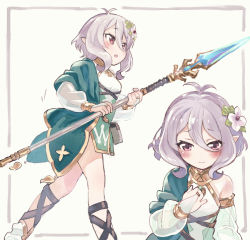 Rule 34 | 1girl, antenna hair, blush, brown eyes, commentary, detached sleeves, elf, flower, hair flower, hair ornament, holding, holding polearm, holding spear, holding weapon, kokkoro (princess connect!), multiple views, pointy ears, polearm, princess connect!, sakino shingetsu, see-through, short hair, silver hair, simple background, sleeveless, spear, weapon