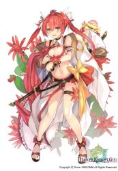 Rule 34 | 1girl, :o, ahoge, bare legs, bow, breasts, cleavage, copyright name, dreamlight2000, flower, flower knight girl, footwear bow, full body, hair flower, hair ornament, hoshikujaku (flower knight girl), jacket, jacket on shoulders, large breasts, long hair, looking at viewer, name connection, navel, object namesake, official art, open mouth, red hair, sandals, shoes, simple background, solo, standing, sword, thighlet, twintails, weapon, white background, yellow bow, yellow eyes