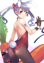 Rule 34 | 1girl, animal ears, ass, bad id, bad pixiv id, bare shoulders, black gloves, blush, bow, carrot, detached collar, fake animal ears, gloves, hair bow, horns, long hair, looking at viewer, original, pantyhose, playboy bunny, purple hair, rabbit ears, rabbit tail, red eyes, solo, tail, twintails, umasanjin, wrist cuffs