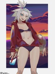 Rule 34 | 1girl, absurdres, ball, beach, beachball, bikini, blue eyes, breasts, cloud, cloudy sky, creatures (company), cup, game freak, gym leader, hair bobbles, hair ornament, highres, hood, hoodie, l4wless, looking at viewer, navel, nintendo, pokemon, pokemon bw2, purple bikini, refraction, roxie (pokemon), sky, small breasts, solo, standing, sunset, swimsuit, topknot, water, white hair