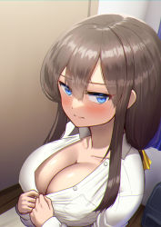Rule 34 | 1girl, blue eyes, blush, breasts, brown hair, cleavage, closed mouth, collarbone, collared shirt, from above, from side, hair between eyes, indoors, jitome, large breasts, light frown, long hair, long sleeves, looking at viewer, low-tied long hair, maku ro, naked shirt, no bra, original, partially unbuttoned, shirt, sidelocks, sideways glance, undressing, upper body, white shirt, wing collar