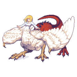Rule 34 | 1girl, blonde hair, blue eyes, centauroid, chimera, claws, dragon, dragon tail, dungeon meshi, falin touden, falin touden (chimera), making-of available, monster girl, pixel art, pixelflag, scales, short hair, simple background, smile, solo, spoilers, standing, tail, talons, taur, white background, wings