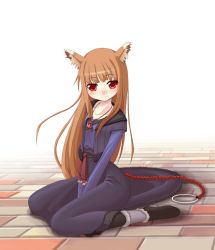 Rule 34 | 00s, animal ears, bad id, bad pixiv id, blush, boots, brown hair, dress, holo, long hair, red eyes, solo, spice and wolf, tomcat, wolf ears