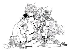 Rule 34 | 00s, 1boy, 1girl, age difference, animal, armlet, bracelet, curly hair, father and daughter, flower, greyscale, hair flower, hair ornament, hood, hoodie, jewelry, lordgenome, monochrome, nia teppelin, sitting, tengen toppa gurren lagann, time paradox, aged down