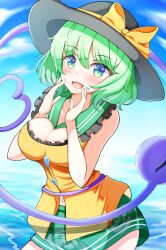 Rule 34 | 1girl, :d, black hat, blue sky, bow, breasts, cleavage, cloud, commentary, cowboy shot, floral print, green eyes, green hair, green skirt, gyuta, hat, hat bow, heart, heart of string, highres, komeiji koishi, large breasts, looking at viewer, navel, ocean, open mouth, outdoors, rose print, shirt, short hair, skirt, sky, sleeveless, sleeveless shirt, smile, solo, third eye, touhou, yellow bow, yellow footwear