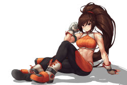 Rule 34 | 1girl, abs, absurdres, bandaid, bandaid on face, blush, boots, breasts, brown eyes, brown hair, closed mouth, dated commentary, dungeon and fighter, fighter (dungeon and fighter), fingerless gloves, gloves, high ponytail, highres, holding, holding towel, jjilbabmaen, large breasts, looking at viewer, midriff, muscular, muscular female, navel, shadow, simple background, sitting, smile, solo, sportswear, sweat, towel, white background