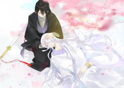Rule 34 | 2boys, bandages, black hair, bracelet, cherry blossoms, chinese clothes, duanmu luoyue, closed eyes, fur trim, graphite (medium), jewelry, long hair, male focus, multiple boys, petals, ponytail, sitting, spiritpact, sword, traditional media, weapon, white background, yang ning, yaoi