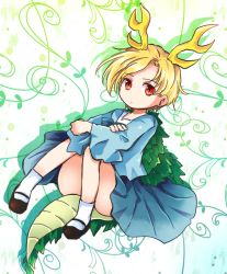 Rule 34 | 1girl, :o, antlers, arm rest, arms on knees, blonde hair, blue shirt, blue skirt, bobby socks, brown footwear, convenient leg, dragon girl, dragon horns, drop shadow, dutch angle, floral background, horns, kicchou yachie, knees up, long sleeves, looking at viewer, plant, pote (ptkan), red eyes, shirt, short hair, sitting, skirt, slit pupils, socks, solo, swept bangs, touhou, turtle shell, vines, white background, white socks