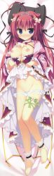 Rule 34 | 1girl, absurdres, ahoge, barefoot, bed sheet, blush, breasts, breasts out, clothes lift, copyright request, dakimakura (medium), feet, female focus, full body, highres, long hair, long image, looking at viewer, lying, nipples, purple eyes, red hair, shiny skin, skirt, skirt lift, solo, tall image, tiara, very long hair