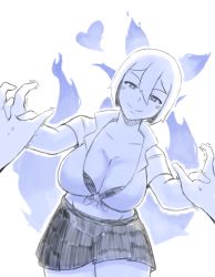 Rule 34 | 1girl, animal ears, assertive female, aura, black skirt, blue fire, bra, bra peek, breasts, cleavage, commentary, cowboy shot, fire, fox ears, fox tail, glowing, groin, hair between eyes, heart, interlocked fingers, kitsune-tsuki (monster girl encyclopedia), kurovah, large breasts, looking to the side, miniskirt, monster girl encyclopedia, monster girl encyclopedia ii, multiple tails, open clothes, open shirt, pov, shirt, short hair, short sleeves, simple background, skirt, smile, solo focus, spirit, split mouth, tail, tied shirt, underwear, white background, white hair